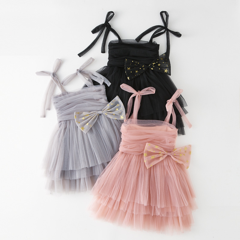 Summer Baby Girl Lolita Bow Dress Cute Sleeveless Strap Tulle Dress Infant Girl First Birthday Party Princess Dresses