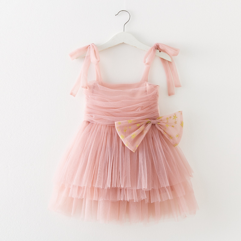 Summer Baby Girl Lolita Bow Dress Cute Sleeveless Strap Tulle Dress Infant Girl First Birthday Party Princess Dresses