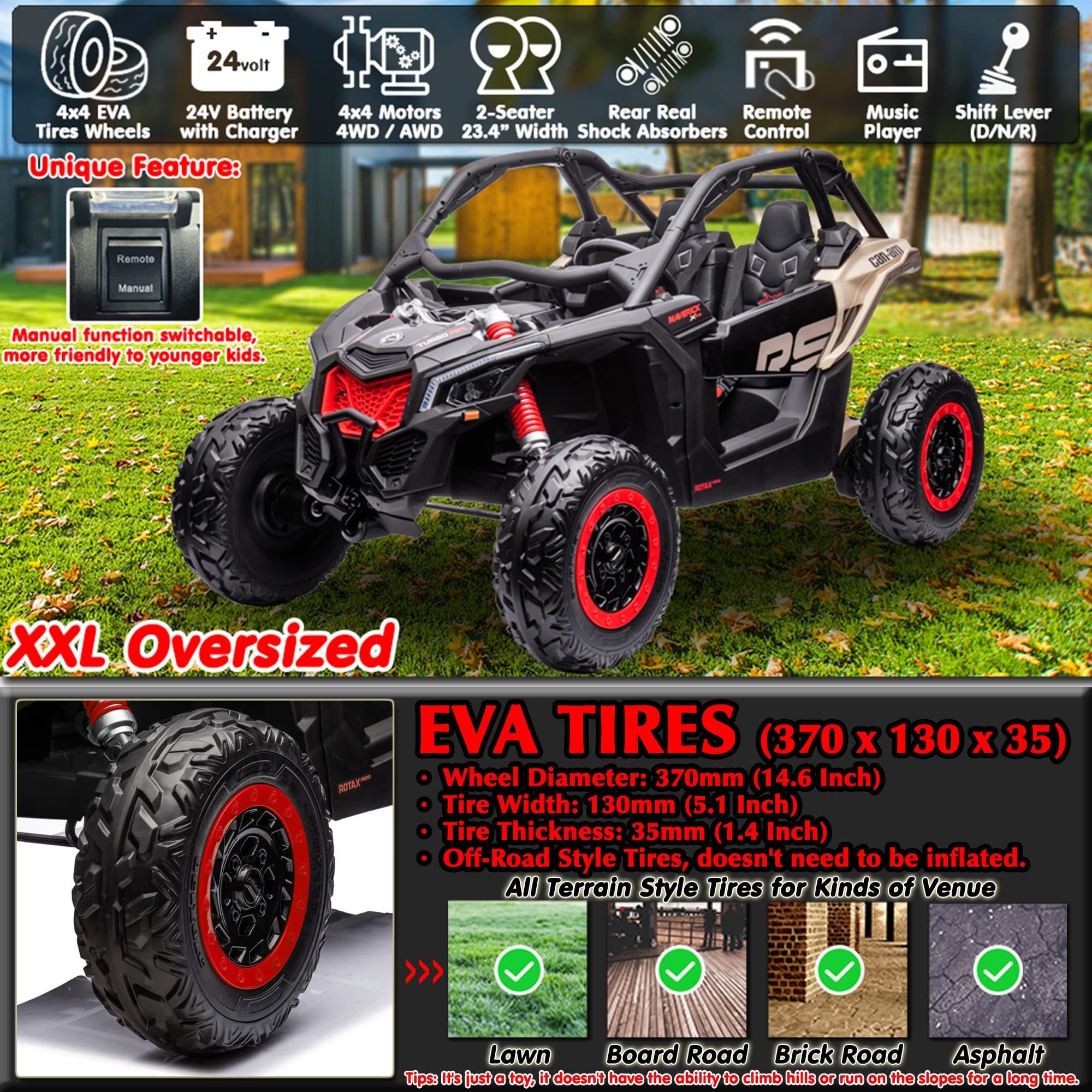 24V 2-Seater 4WD Off-Road Buggy Licensed CAN-AM Maverick Ride On Toy Car with Remote Control SXS UTV Kids Electric Vehicle, EVA