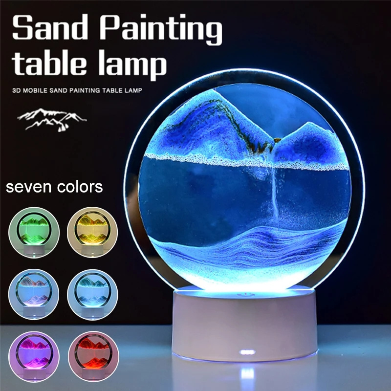 7Color LED Flowing Sand Painting Table Lamp 3D Moving Sand Art Picture Round Glass Hourglass Night Light Bedside Lamp Home Decor