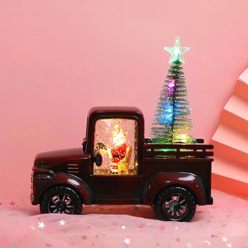 Kids Personalised Santa Man In Car Truck Scene Christmas Lantern Snow Globe With Silver Glitter