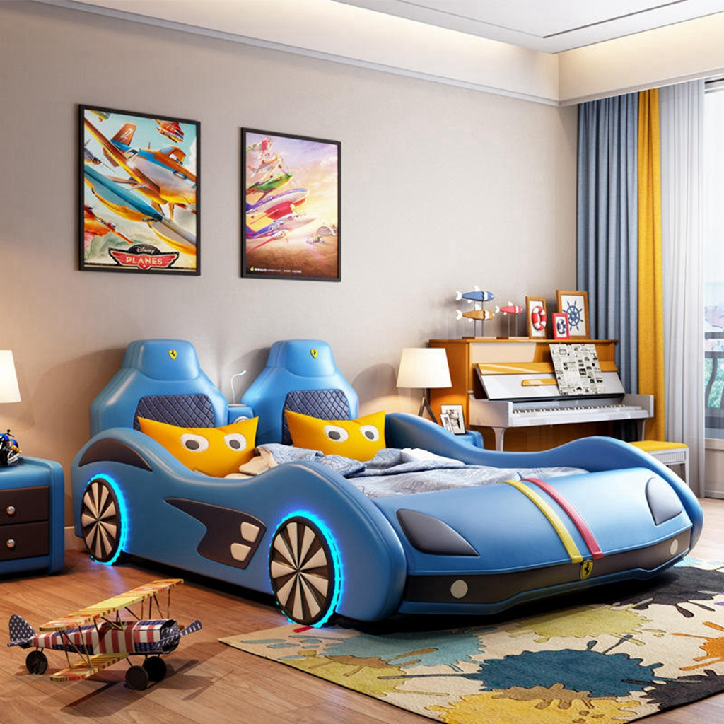 Modern leather children car shape bed modern Kids race car bed with led lights