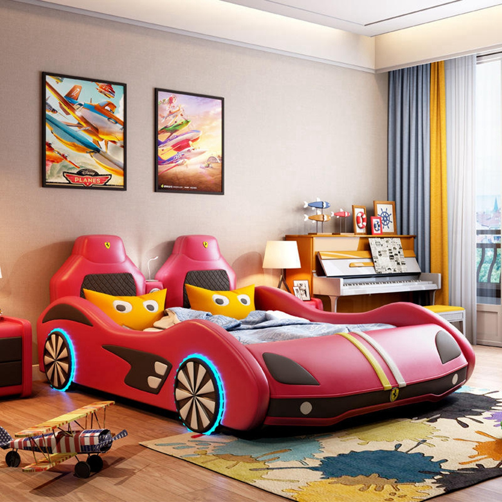 Modern leather children car shape bed modern Kids race car bed with led lights