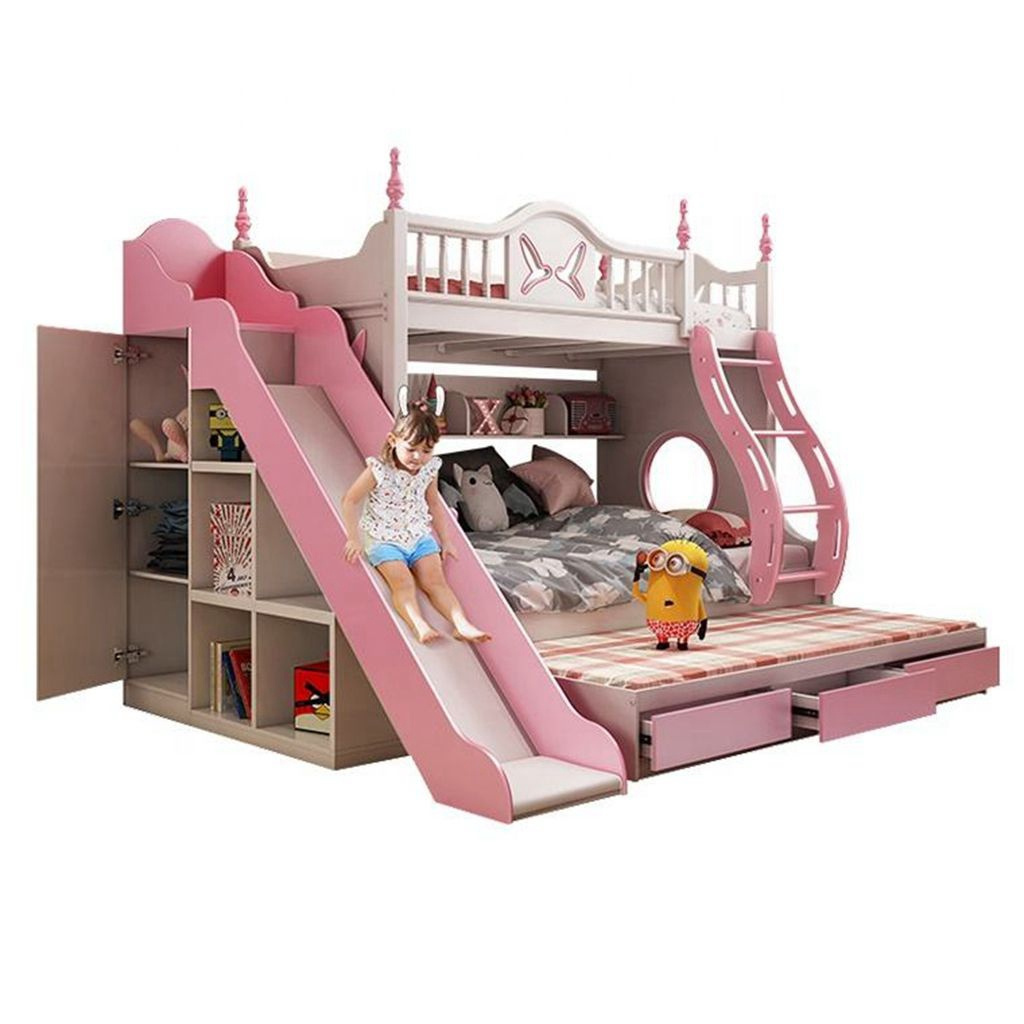 Bunk Beds Hot Selling Princess Child Bedroom Furniture Set Twin Over Full Bunk Bed Slide with Storage