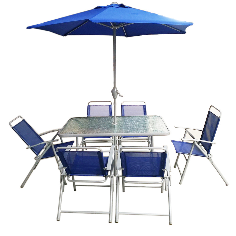 6 seats folding steel outdoor garden furniture set patio dining table and chair with umbrella set