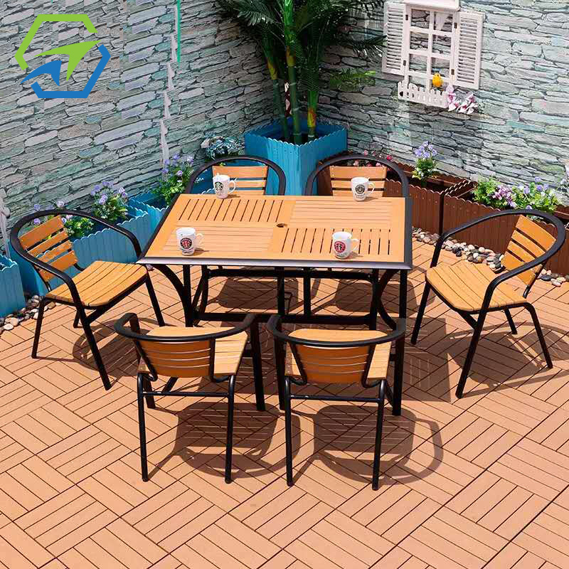 Outdoor garden sling dining chairs plastic wooden table furniture