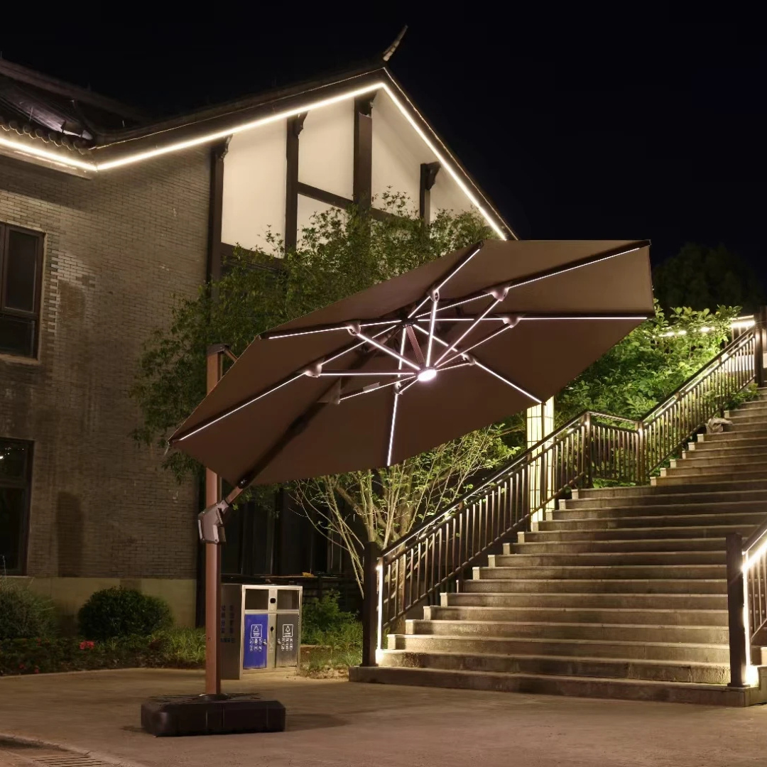 Big led light solar power sun parasol 3m hanging outdoor luxury umbrella aluminum cantilever