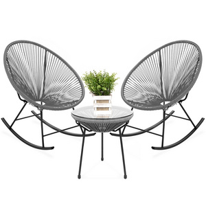 Mugao 3-Piece Outdoor Acapulco All-Weather Woven Rope Patio Conversation Bistro Set w/Glass Top Table and 2 Rocking Chairs