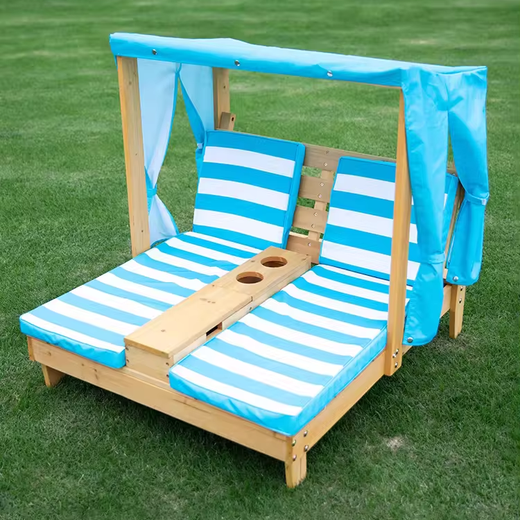 Modern Kids Outdoor Furniture Daybed Outdoor Wood Chaise Children's Chair Double Chaise Lounge with Cushion