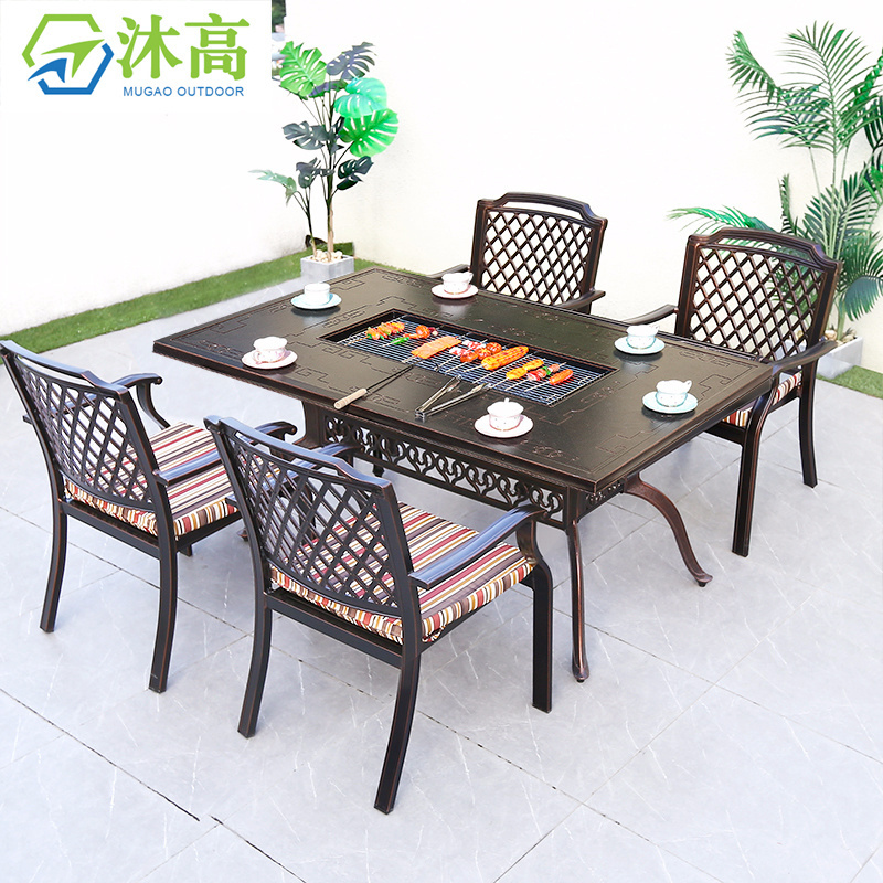 Patio bbq dinning table 8 chairs gas fire table set cast aluminum patio set outdoor furniture for garden