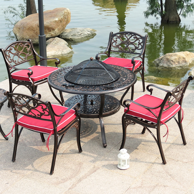 High quality barbecue table and chairs die cast aluminum outdoor furniture fire pit chairs and table set garden patio furniture