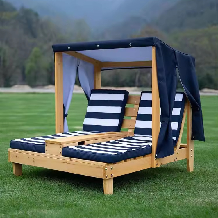 Modern Kids Outdoor Furniture Daybed Outdoor Wood Chaise Children's Chair Double Chaise Lounge with Cushion