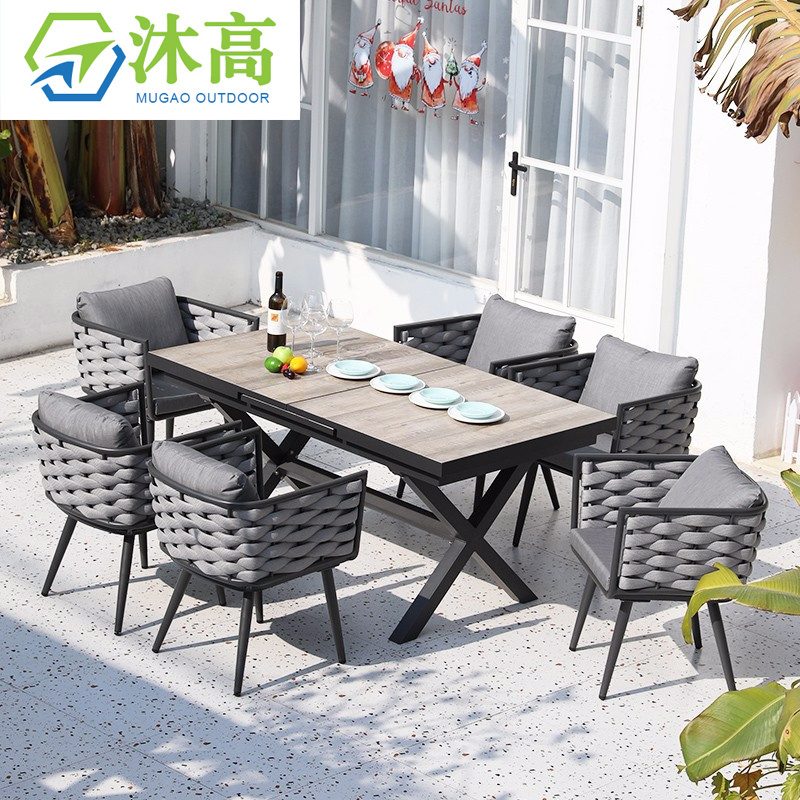 Modern Big Space Saving Luxury Extension Table Ceramic Top Aluminum Pool Lift Expendable Metal Patio Outdoor Dining Tables