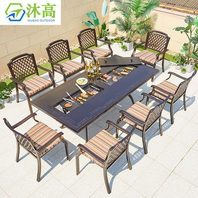 Patio bbq dinning table 8 chairs gas fire table set cast aluminum patio set outdoor furniture for garden