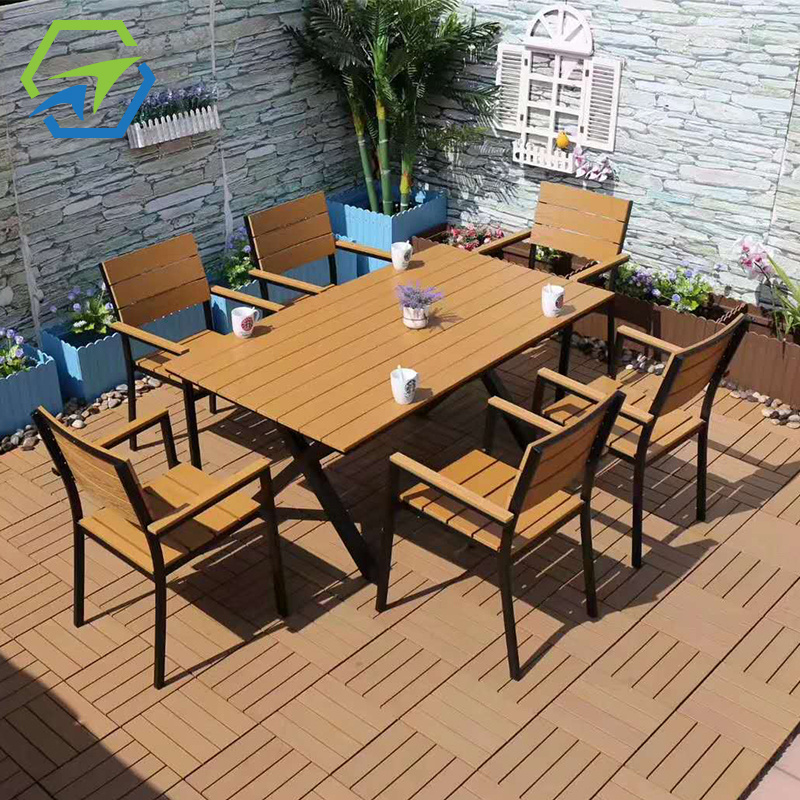 Outdoor garden sling dining chairs plastic wooden table furniture