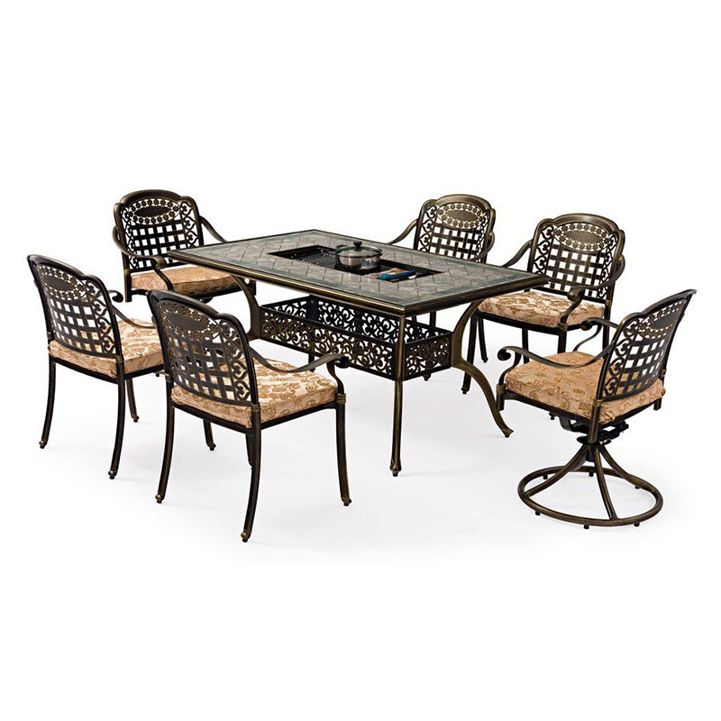 Outdoor patio garden furniture cast aluminum fire pit dining tables Charcoal bbq grill table with chair set