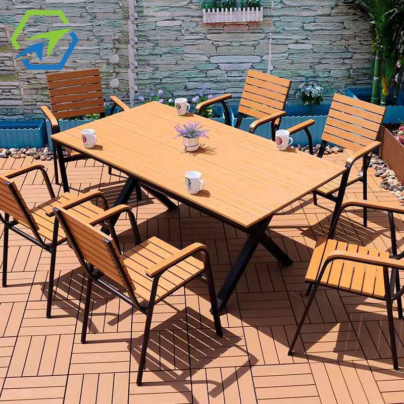 Outdoor garden sling dining chairs plastic wooden table furniture