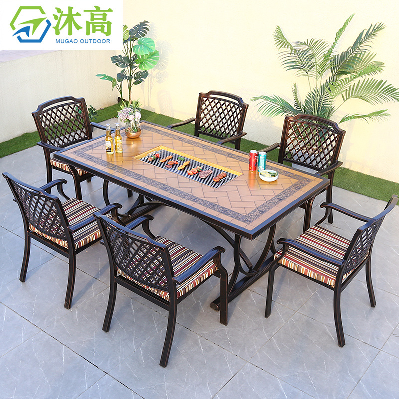 Patio bbq dinning table 8 chairs gas fire table set cast aluminum patio set outdoor furniture for garden