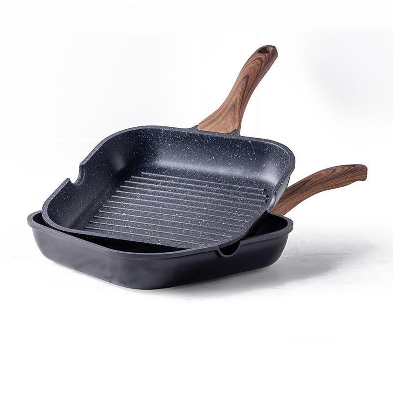 2024 New Style Striped Multi functional Egg Pot Non- Stick Grill Cast Iron Skillet Frying Pan with Wood Handle for Steak Cooking