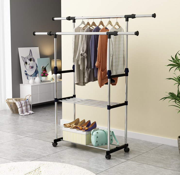 Adjustable height Extensible Stainless steel organizer Double Rod Portable Clothing Hanging Garment Rack with commodity shelf