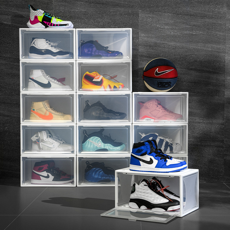 Foldable Stackable Women Men Plastic PP Clear black Closet Shelf Sneakers Storage box Bins Container Shoe Organizer