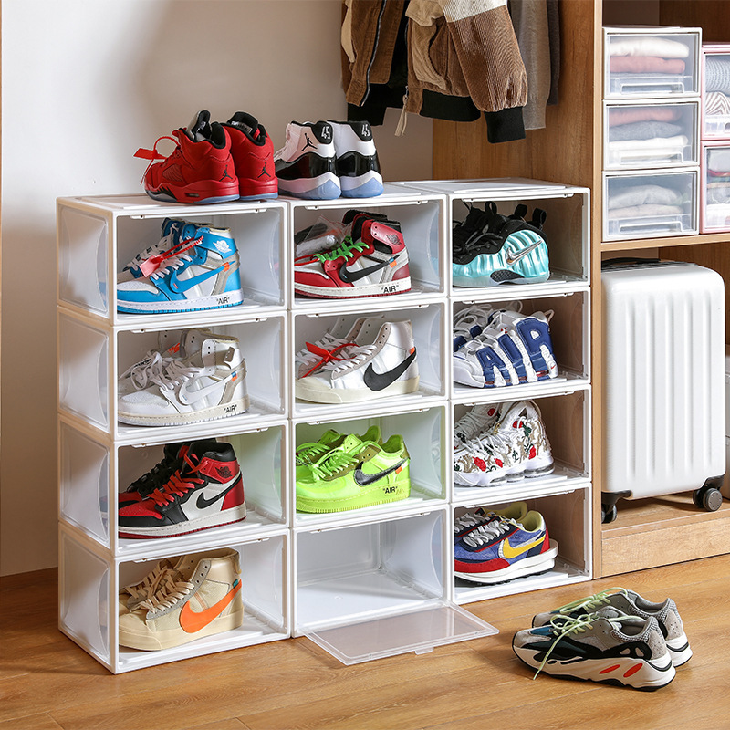 Foldable Stackable Women Men Plastic PP Clear black Closet Shelf Sneakers Storage box Bins Container Shoe Organizer