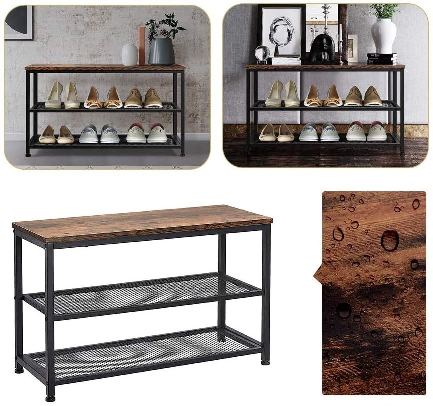 3 Tier Rustic Brown wooden Steel Frame Entry Doorway Bench Shoe Rack Long Storage Shelves for Hallway Front Door