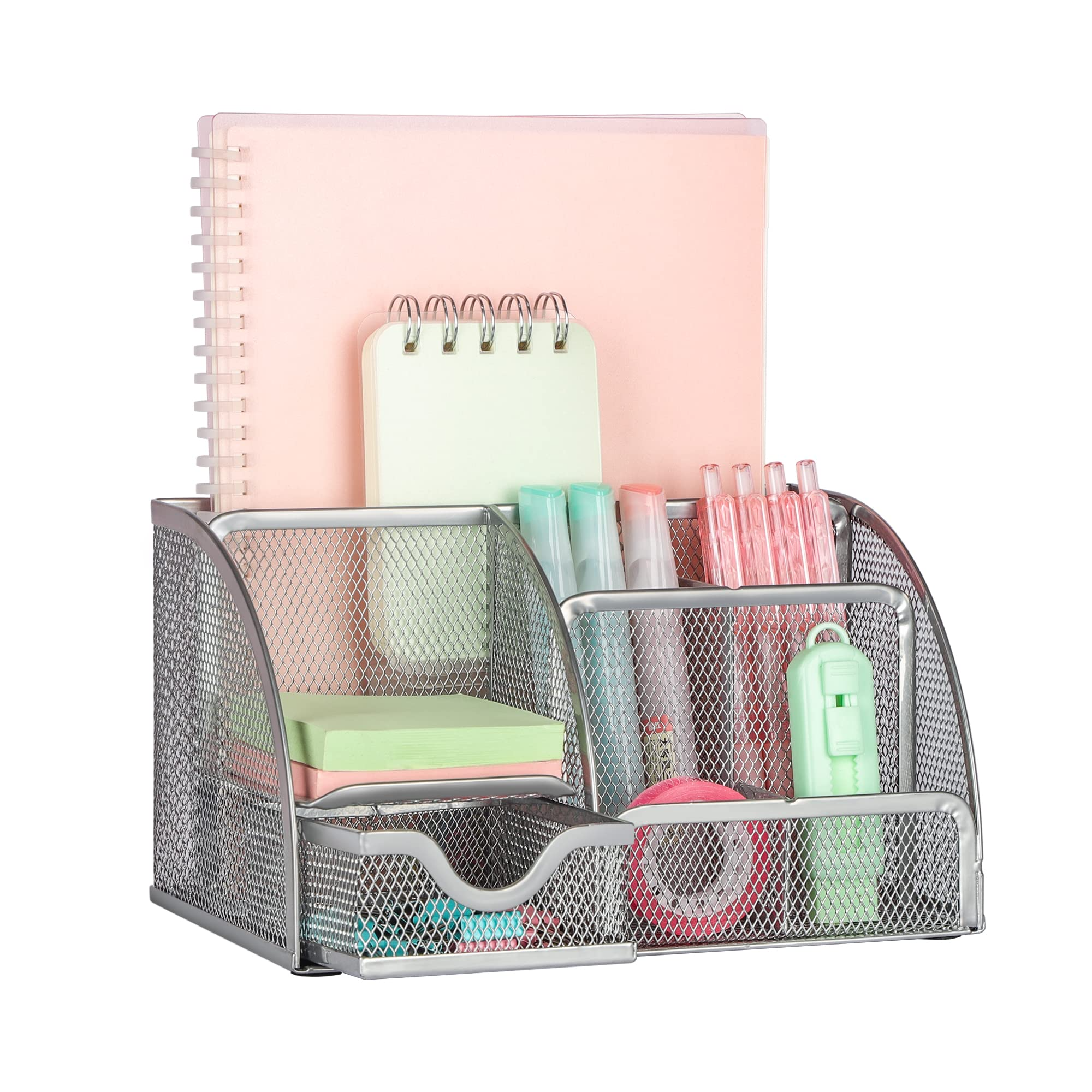 Office Home School metal Mesh Desktop Desk Organizer with 6 Compartments + 1 Sliding Drawer