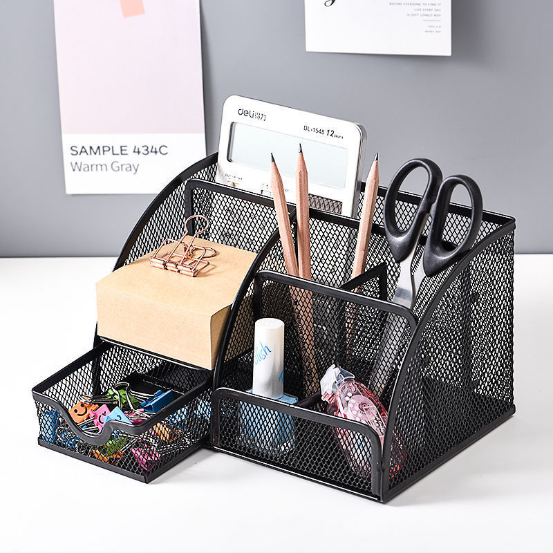 Office Home School metal Mesh Desktop Desk Organizer with 6 Compartments + 1 Sliding Drawer