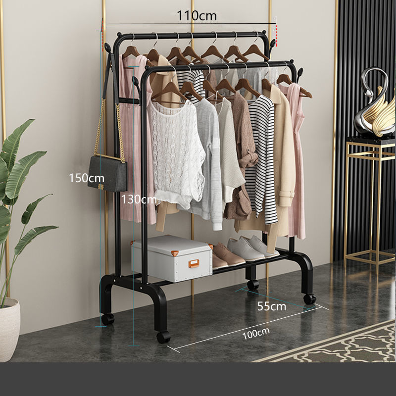 Multifunction home Metal organizer move freely Double Rod Portable Clothing Hanging Garment Rack with commodity shelf and wheel