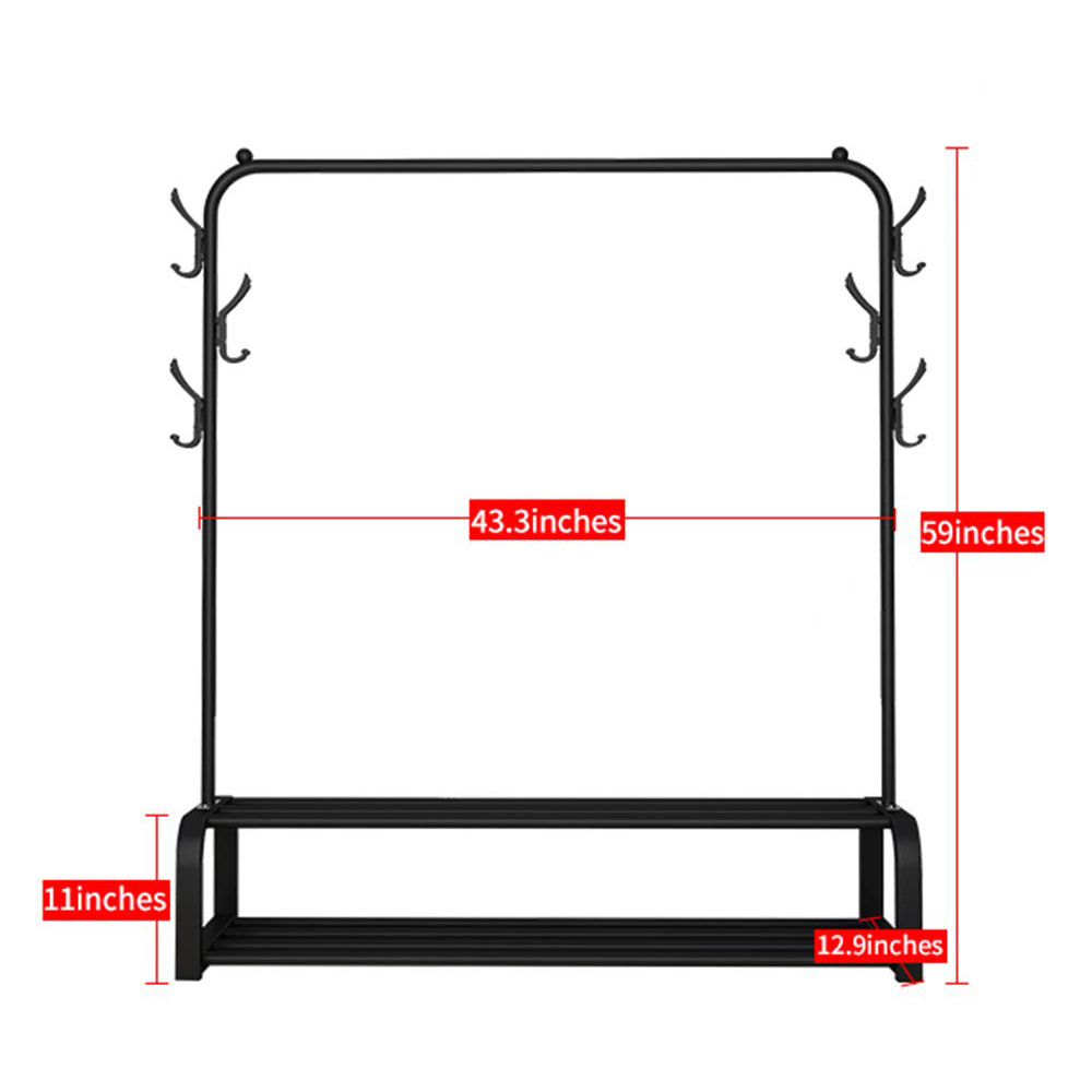 Free-Standing Clothes Rack Top Rod thicken Garment Rack with hooks and double-layered undercarriage