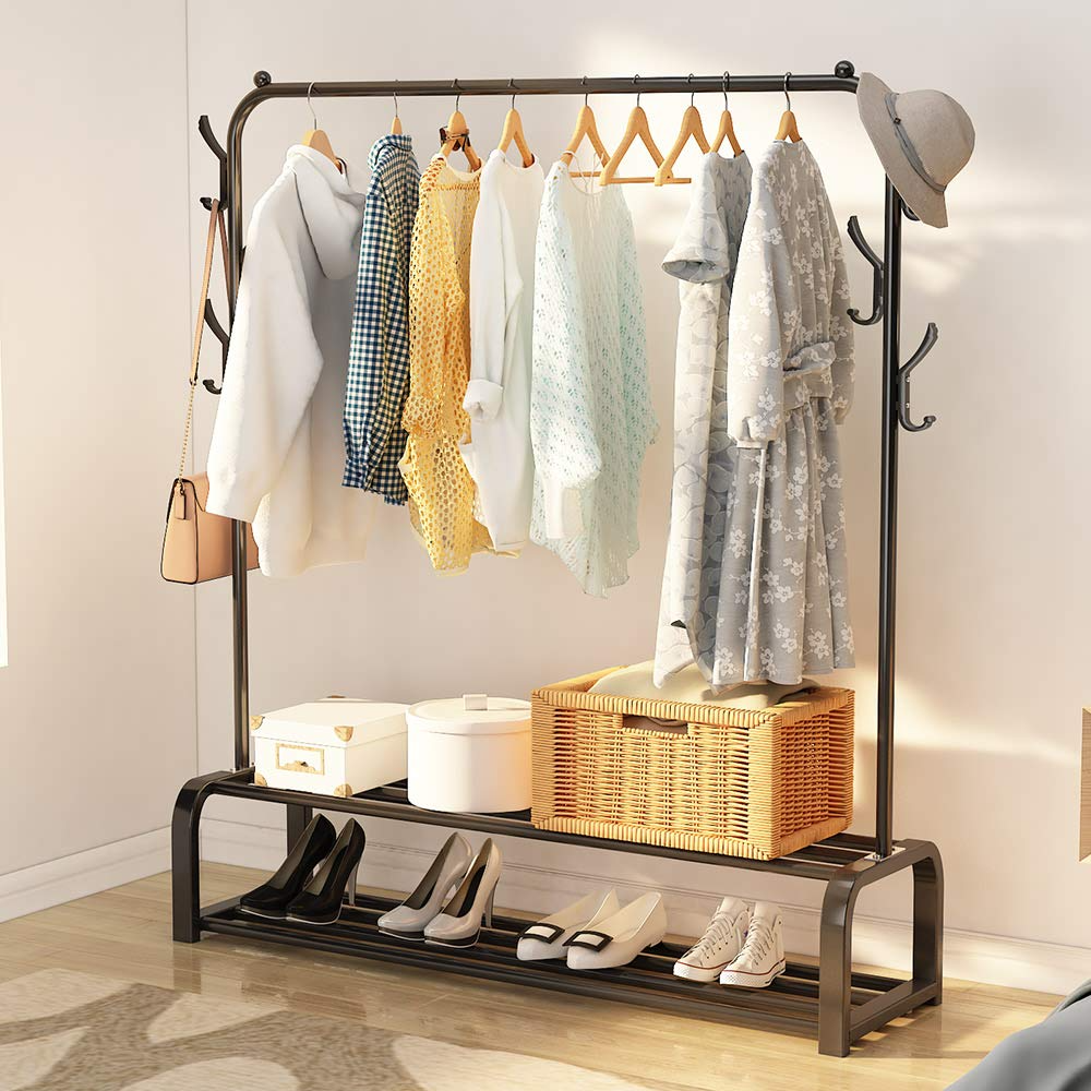 Free-Standing Clothes Rack Top Rod thicken Garment Rack with hooks and double-layered undercarriage