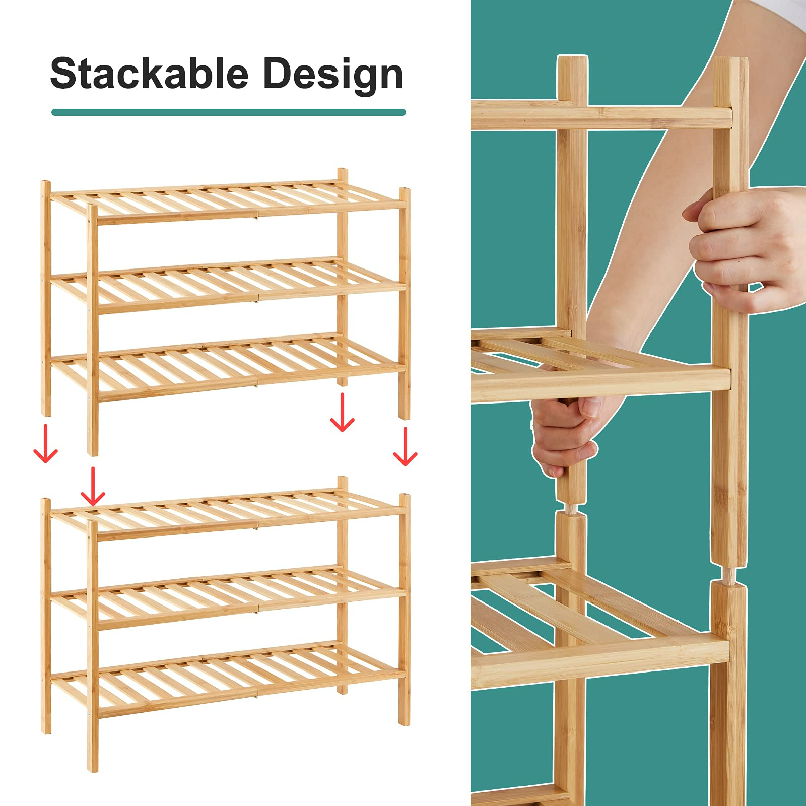 Stackable Design Free Standing Wood Shoe Shelf 3 Tier Bamboo Shoe Storage Rack for Entryway Small Space Stackable