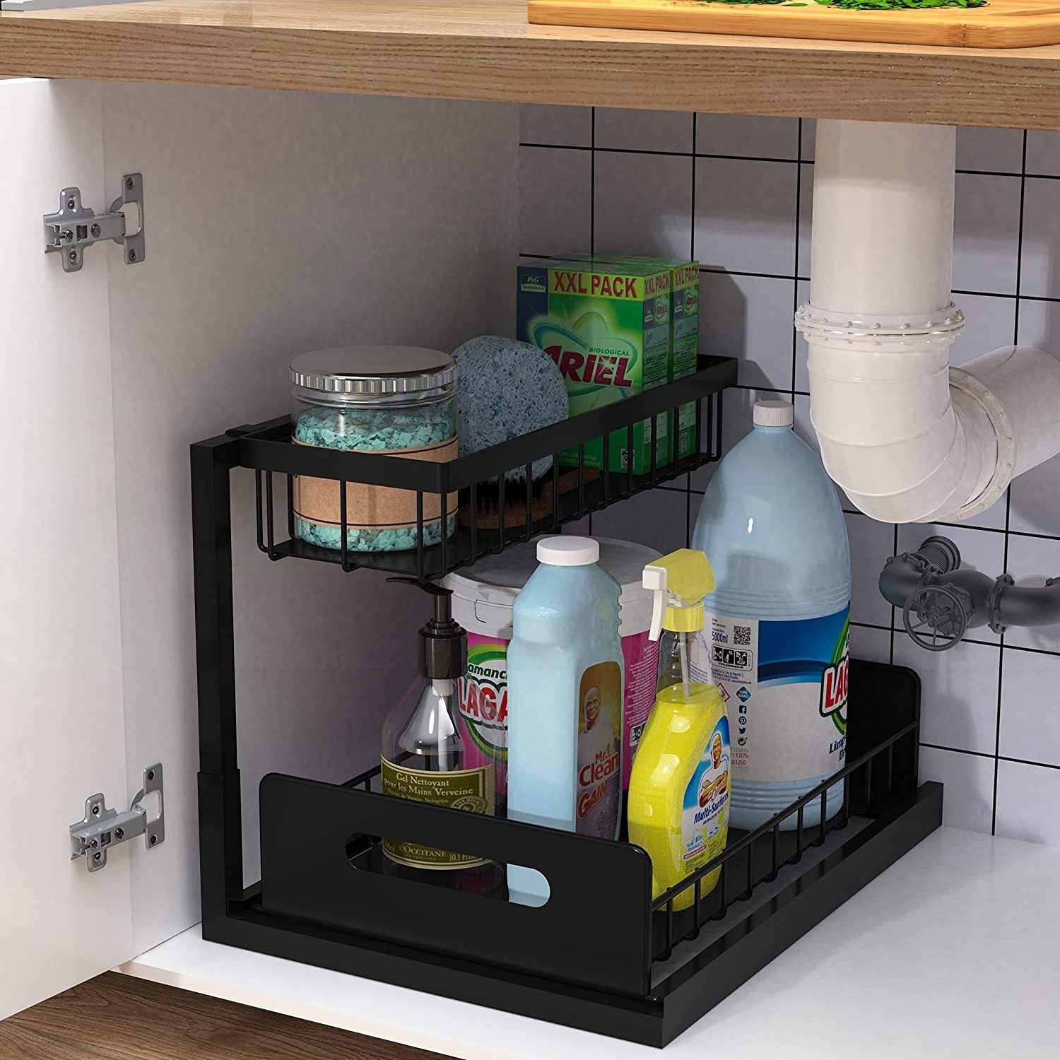 Pull Out Cabinet Organizer 2-Tier Slide Out Sliding Shelf Under Sink Storage Shelves