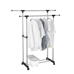 Adjustable height Extensible Stainless steel organizer Double Rod Portable Clothing Hanging Garment Rack with commodity shelf