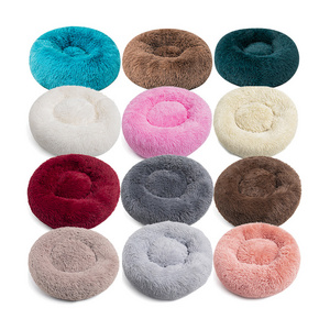 Home Indoor Pet Anti Anxiety Donut Cuddler Round Anti Slip Warm Cozy Soft Washable Calming Shag Faux Fur Dog Cat Bed