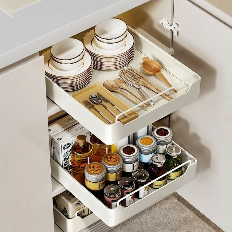 Stylish Durable Carbon Steel Pull-Out Pantry Sliding Cabinet Organizer Glossy Rectangle Kitchen Pantry Shelves