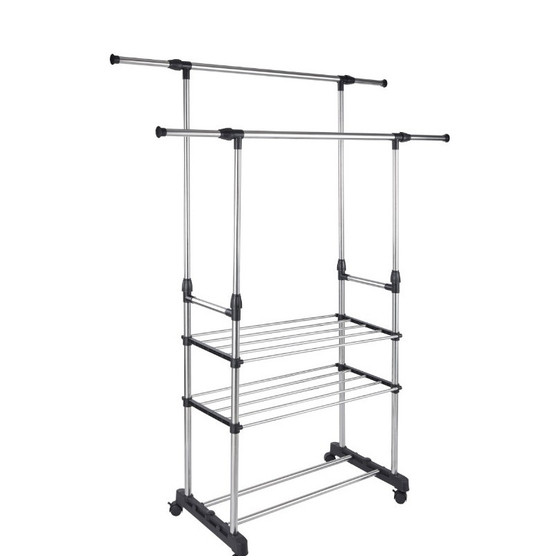 Adjustable height Extensible Stainless steel organizer Double Rod Portable Clothing Hanging Garment Rack with commodity shelf