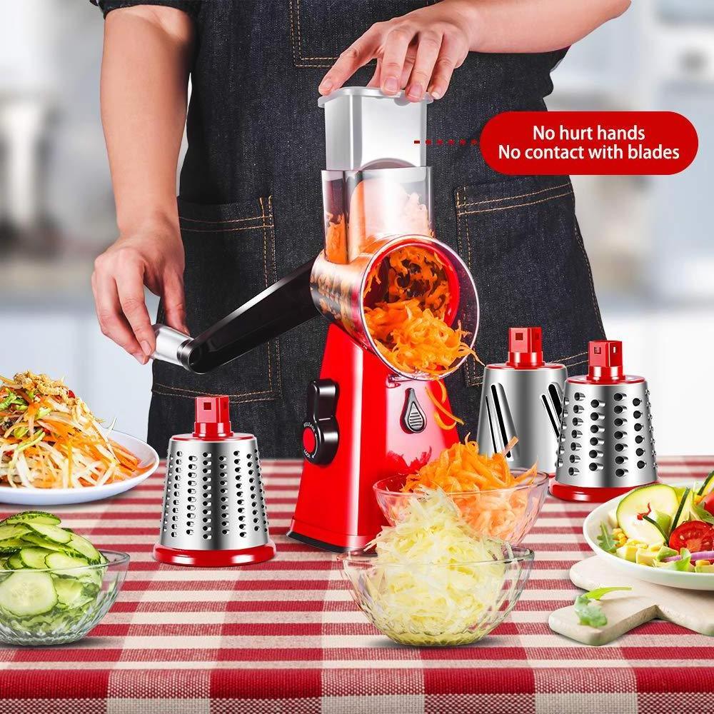 Kitchen Vegetable Potato Walnuts Round Mandoline Slicer Shredder 3 Interchangeable blades Rotary Cheese Drum grater with Handle