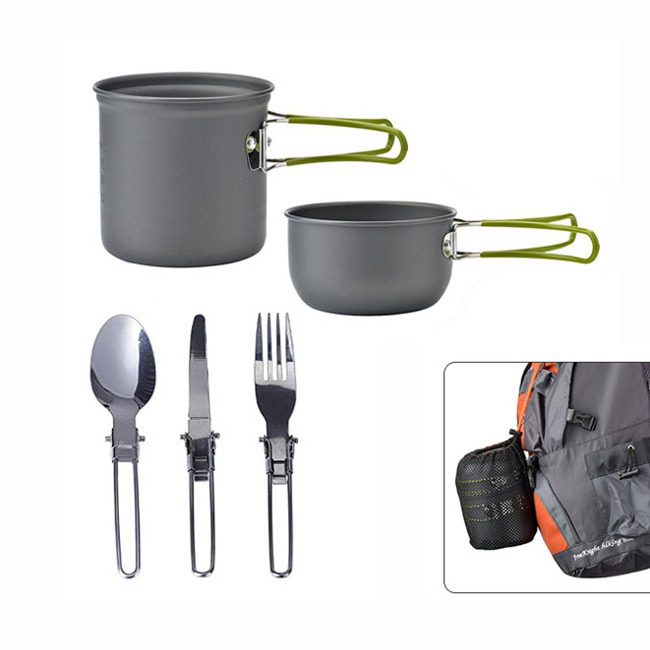 5pcs Portable Camping Cookware Kit Backpack Camping Pots Pans Forks Spoons for Backpacking Gear Hiking Outdoor Cooking Picnic