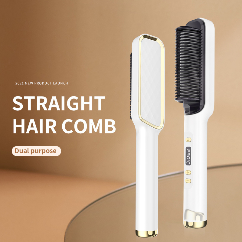 Home Use Hair Salon Fast Heating Straightener Curly 2 in 1  Electric Hair Comb Straightening Brush with LED Screen