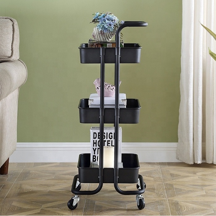 Multifunctional Storage Shelves Rolling Metal Organization 3 Tier Mesh Utility Cart with Handle and Lockable Wheels