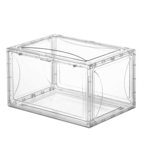 Side Open Door Stackable Large Sneaker Organizer Case PET clear Transparent Basketball Shoe Display Storage Box