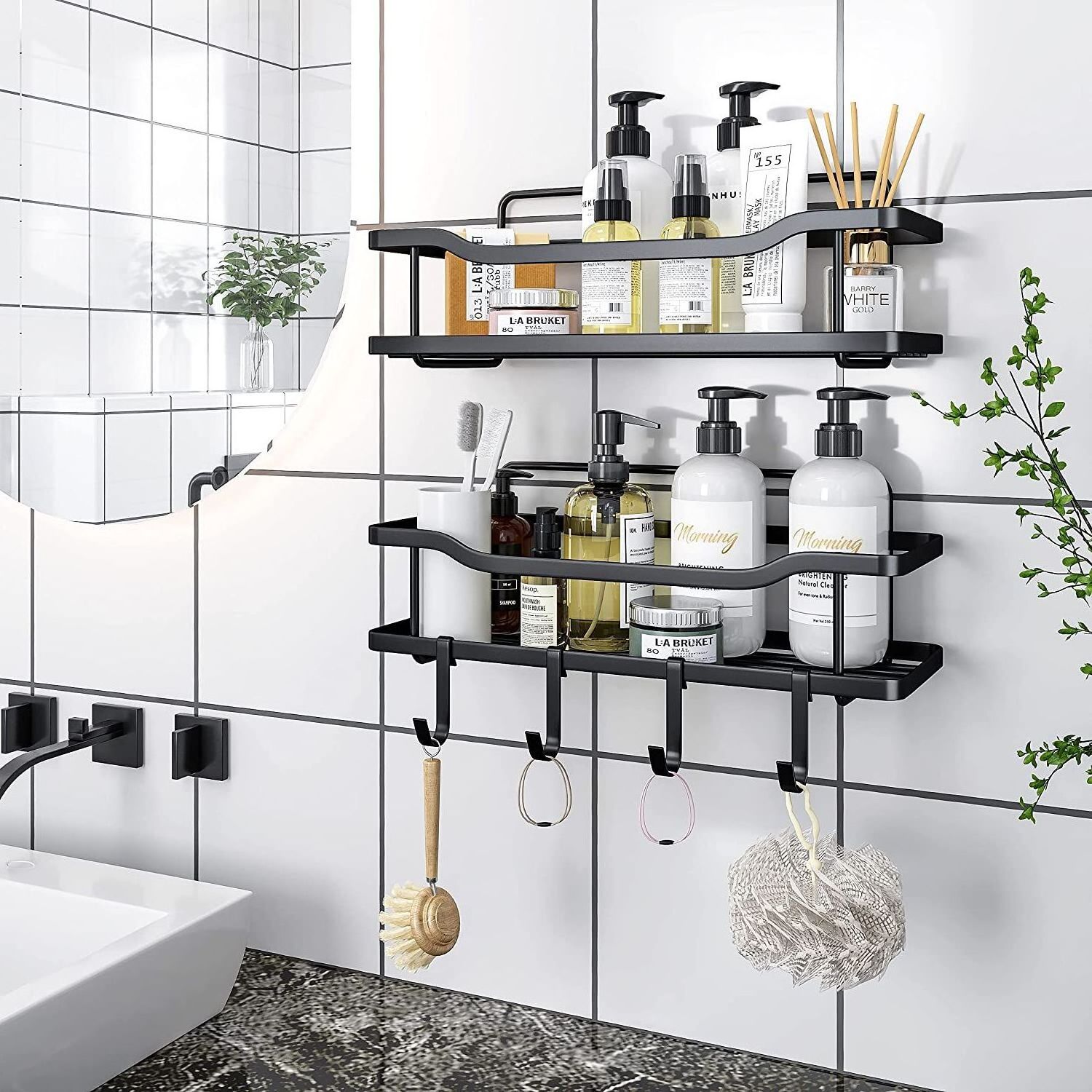 Shower Caddy Bathroom Shelf Hanging Organizer No Drilling Stainless Black Shelves for Storage & Home Decor Shampoo Conditioner