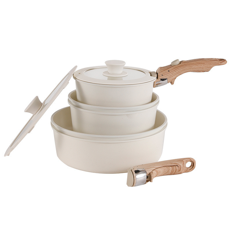 Cream White Nonstick Cookware Sets Detachable Handle Pots Pans Set with Removable Handle