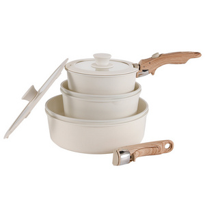 Cream White Nonstick Cookware Sets Detachable Handle Pots Pans Set with Removable Handle