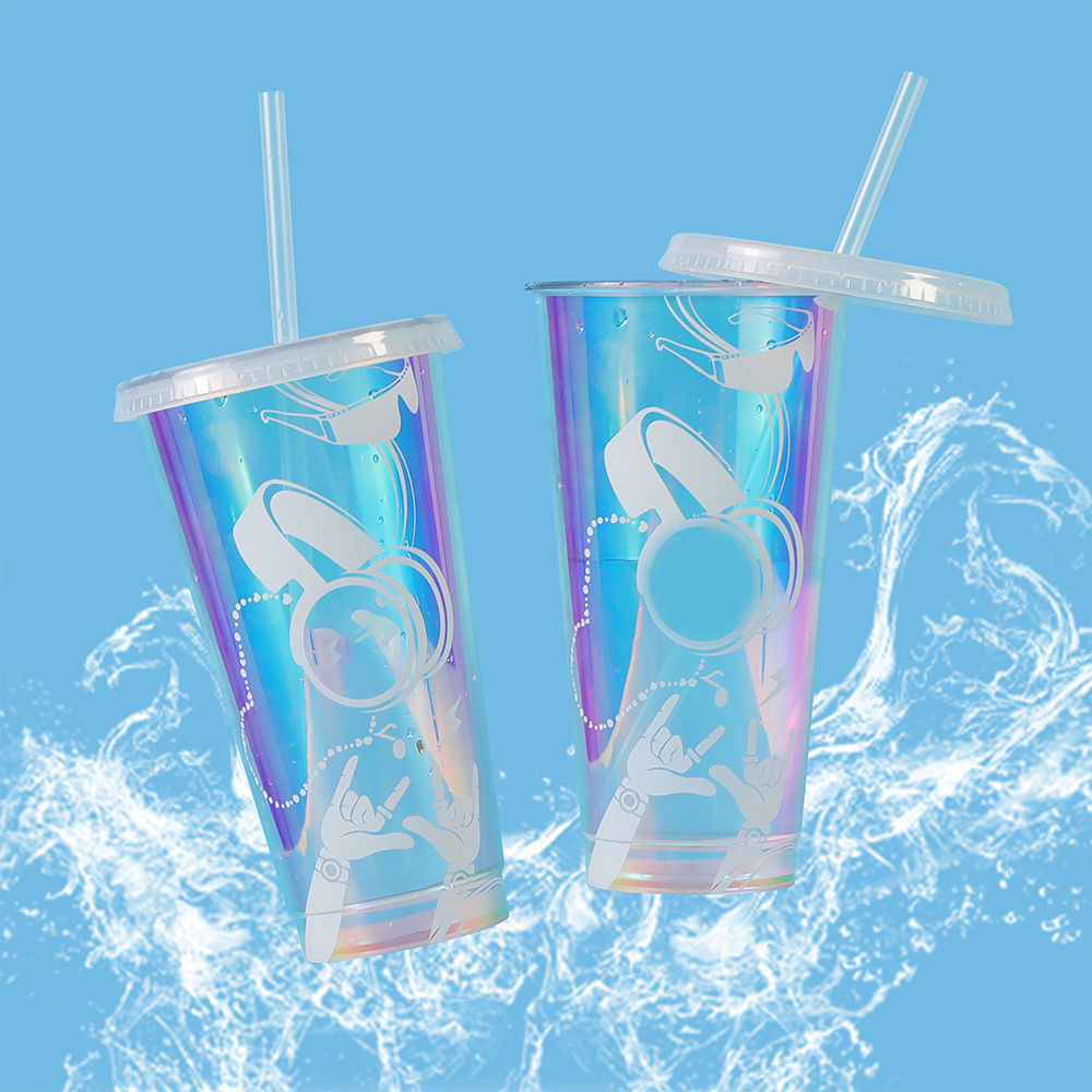 Wholesale holographic hologram cup reusable 24oz plastic tumbler cold cup with lids and straw