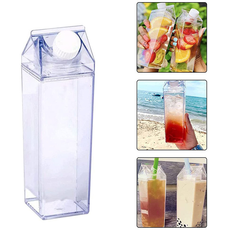 Milk Carton Water Bottle Plastic Clear Square Glass Milk Bottles Leakproof Portable Reusable Juice Cup for Fitness Camping Sport