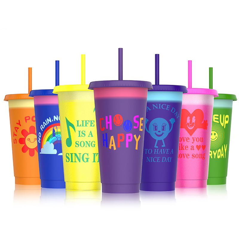 Bpa Free custom 16 24 oz colored Plastic coffee magic tumbler reusable cold water color changing cup with lids and straws