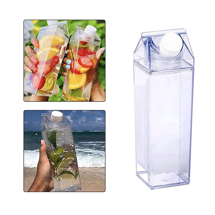 Milk Carton Water Bottle Plastic Clear Square Glass Milk Bottles Leakproof Portable Reusable Juice Cup for Fitness Camping Sport